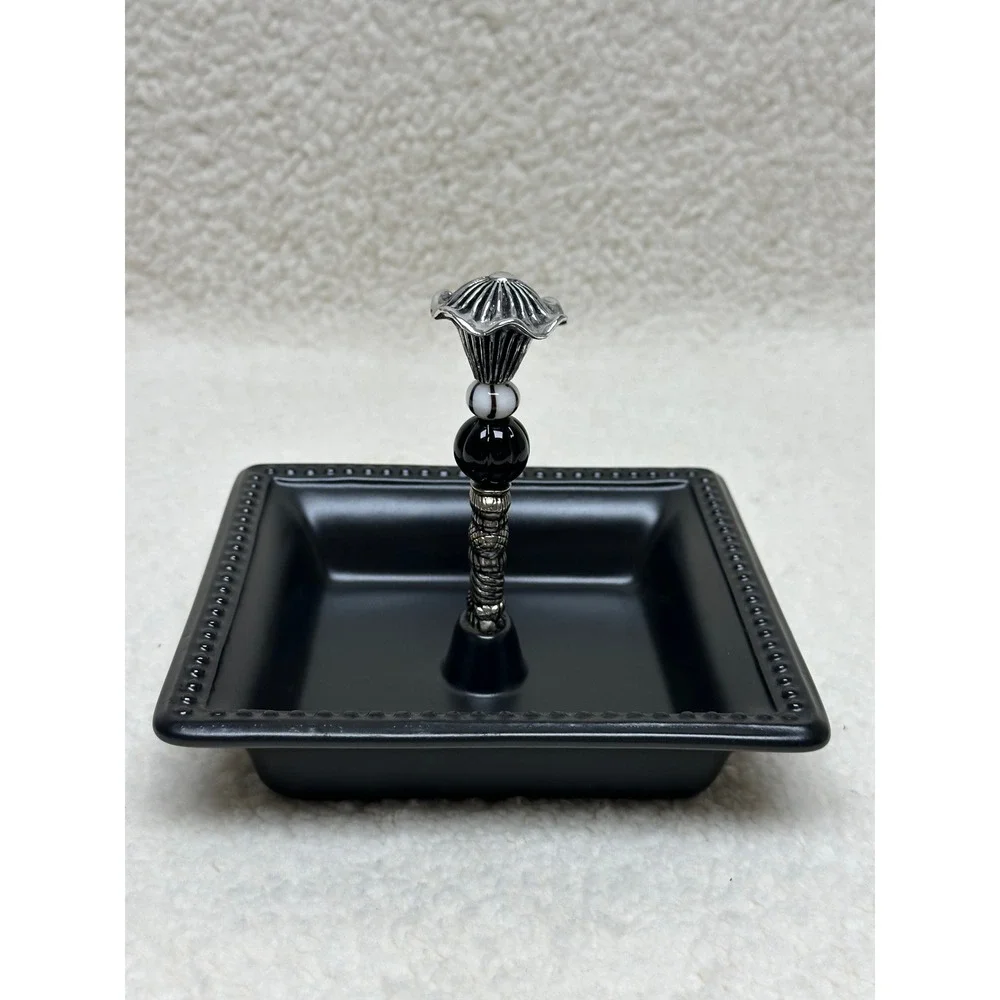 Mud Pie Trinket Candy Dish Black Beaded Ceramic Silver Spindle Glass Beads